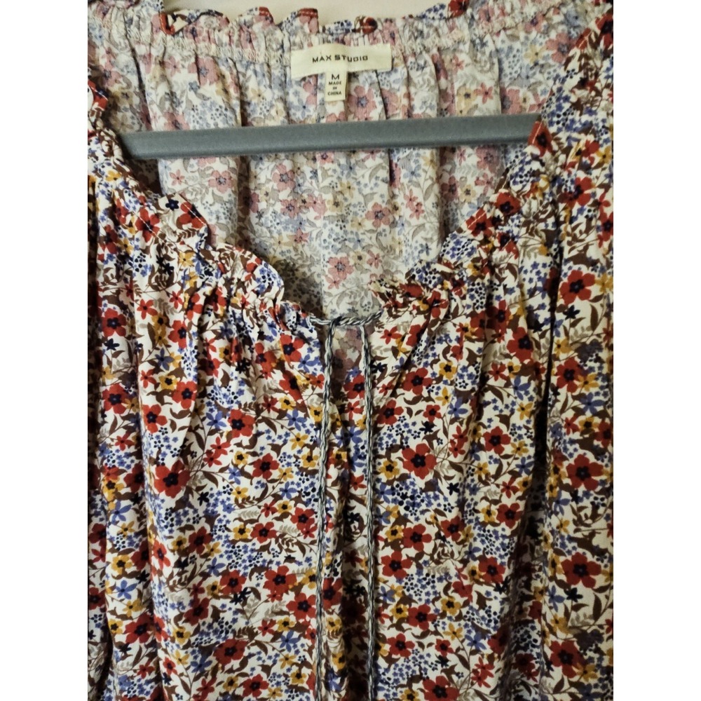 Max Studio Blouse Women M Floral Boho Puff Smocked Sleeve Tassels Flowy Prairie - Picture 8 of 16